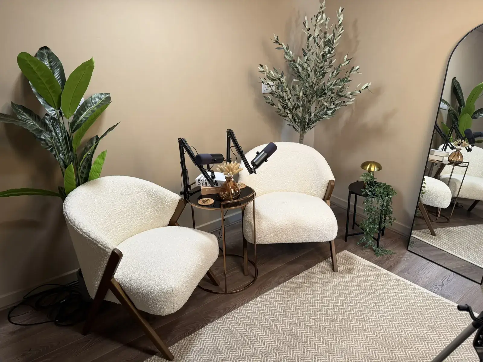 Podcast studio at Howfen House with two chairs and microphones